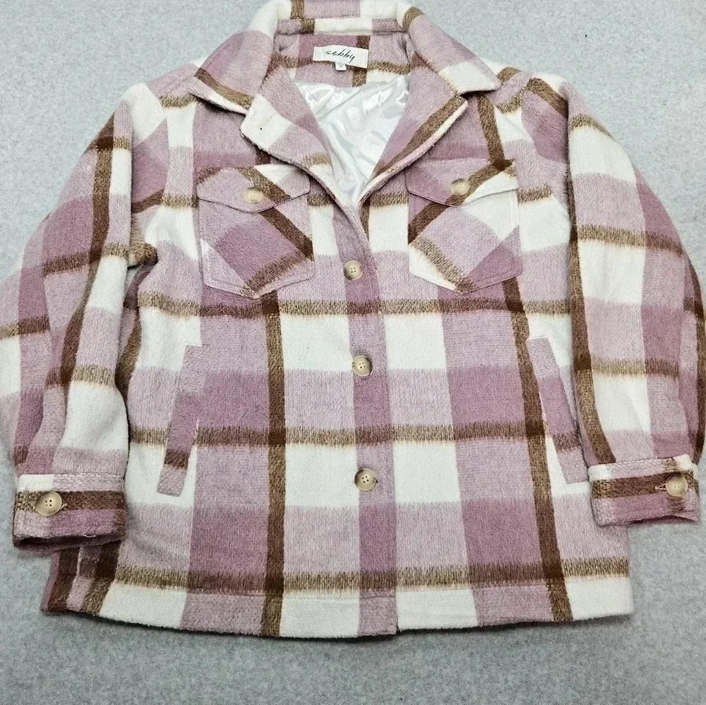 Sebby Plaid Shacket Pink Brown Satin Lined Cozy Button Closure‎ Size M Juniors